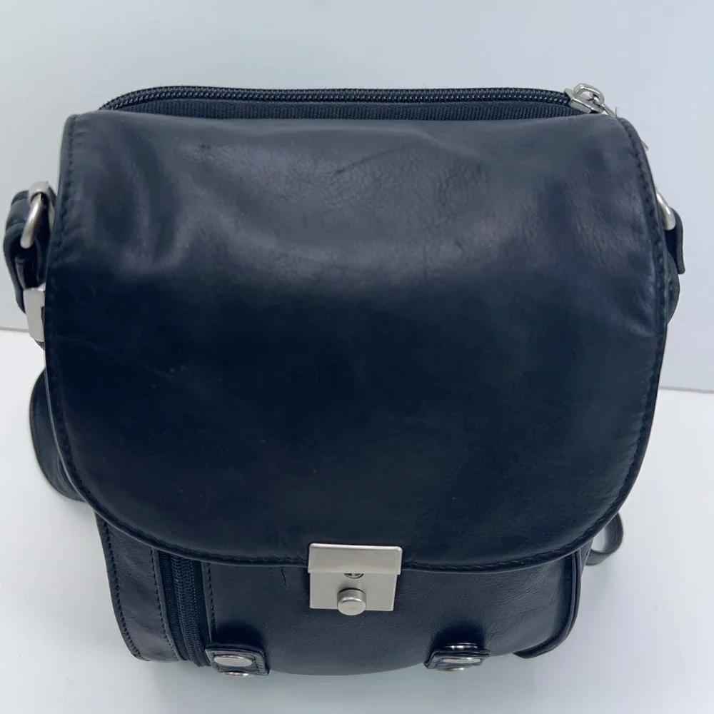 BLACK LEATHER Crossbody Wallet Style Organizer Multi Zip Pockets Travel Work Bag